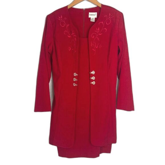 Fashion Bug Power Red Velvet Attached Embroidered Jacket Dress Sz 10P - Picture 1 of 11
